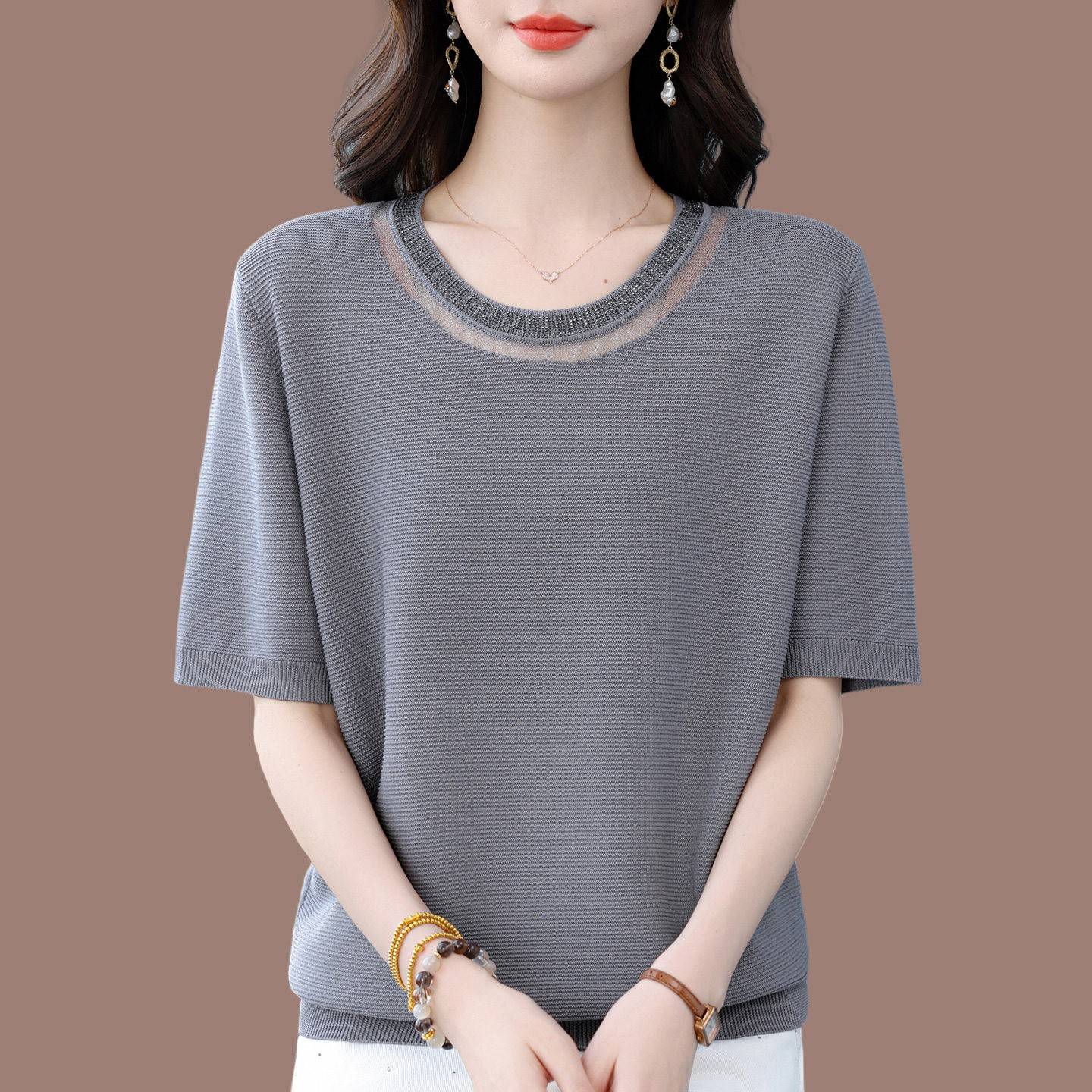 桑蚕丝短袖t恤女2026新款夏装妈妈蕾丝洋派时尚上衣宽松针织小衫