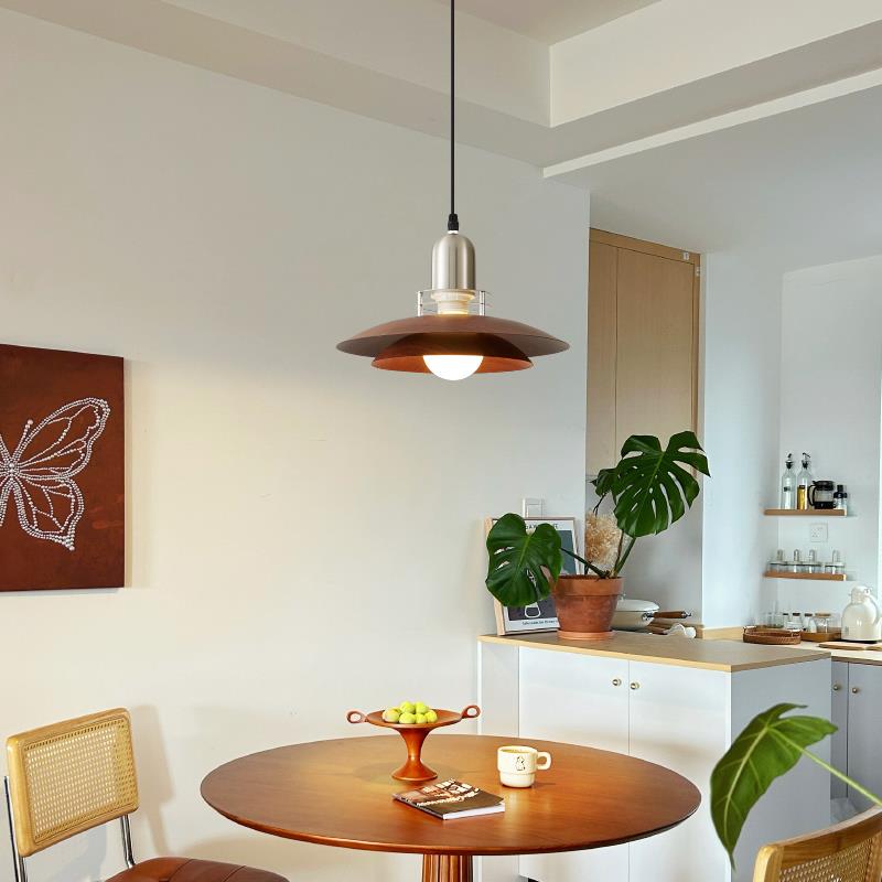 中古风餐厅飞碟吊灯复古侘寂风胡桃木色创意个性吧台餐桌法式灯