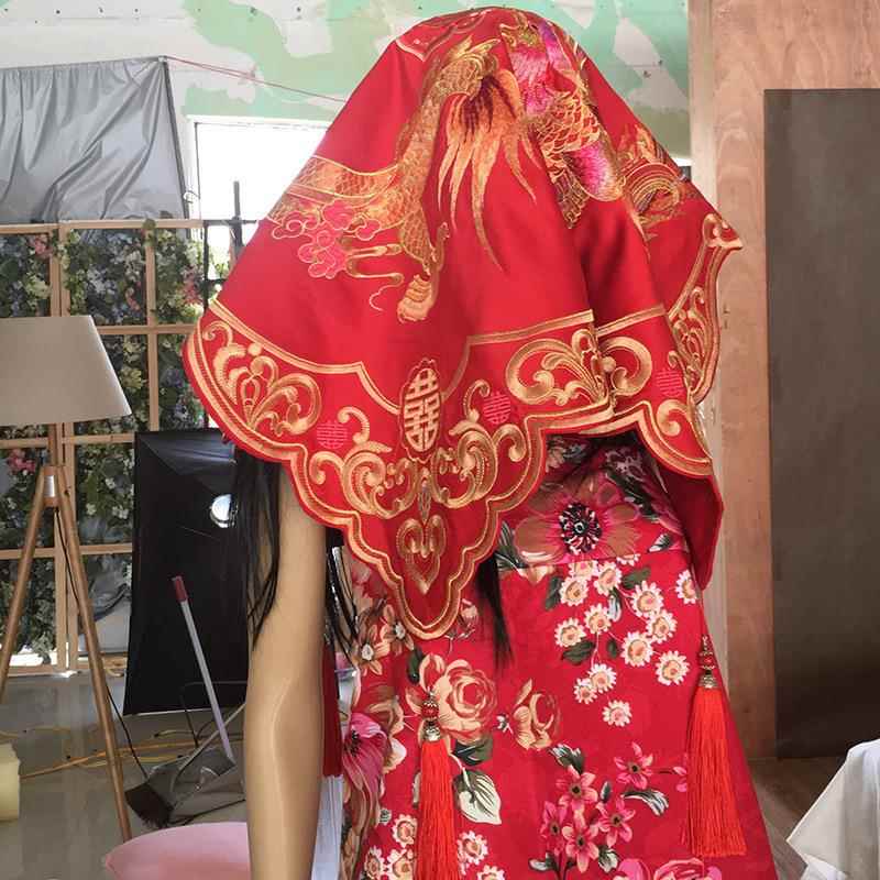 新款新娘红盖头红色中式婚礼结婚蕾丝刺绣头布婚庆大红刺绣中国风