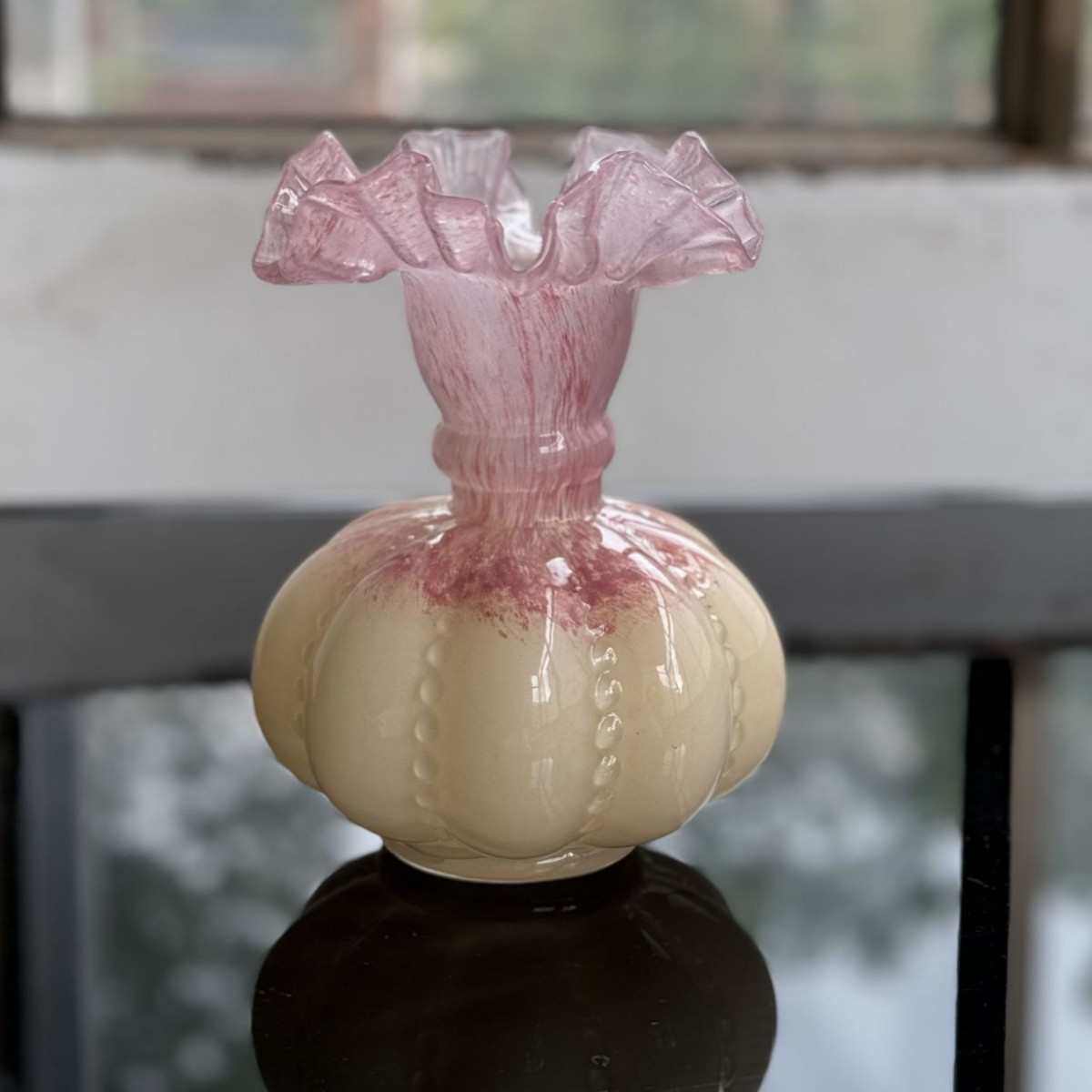 中古奶玉黄色芬顿风法式南瓜珠花瓶手工琉璃玻璃家插花器软装摆件