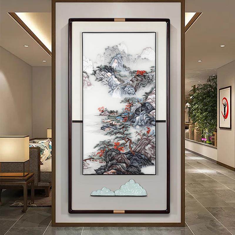 新中式刺绣入户玄关装饰画客厅苏绣挂画走廊过道山水壁画墙画竖版