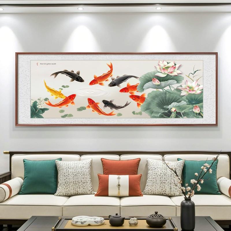 2025新款高档中堂挂画荷花九鱼聚财图新中式客厅沙发背景墙壁装饰