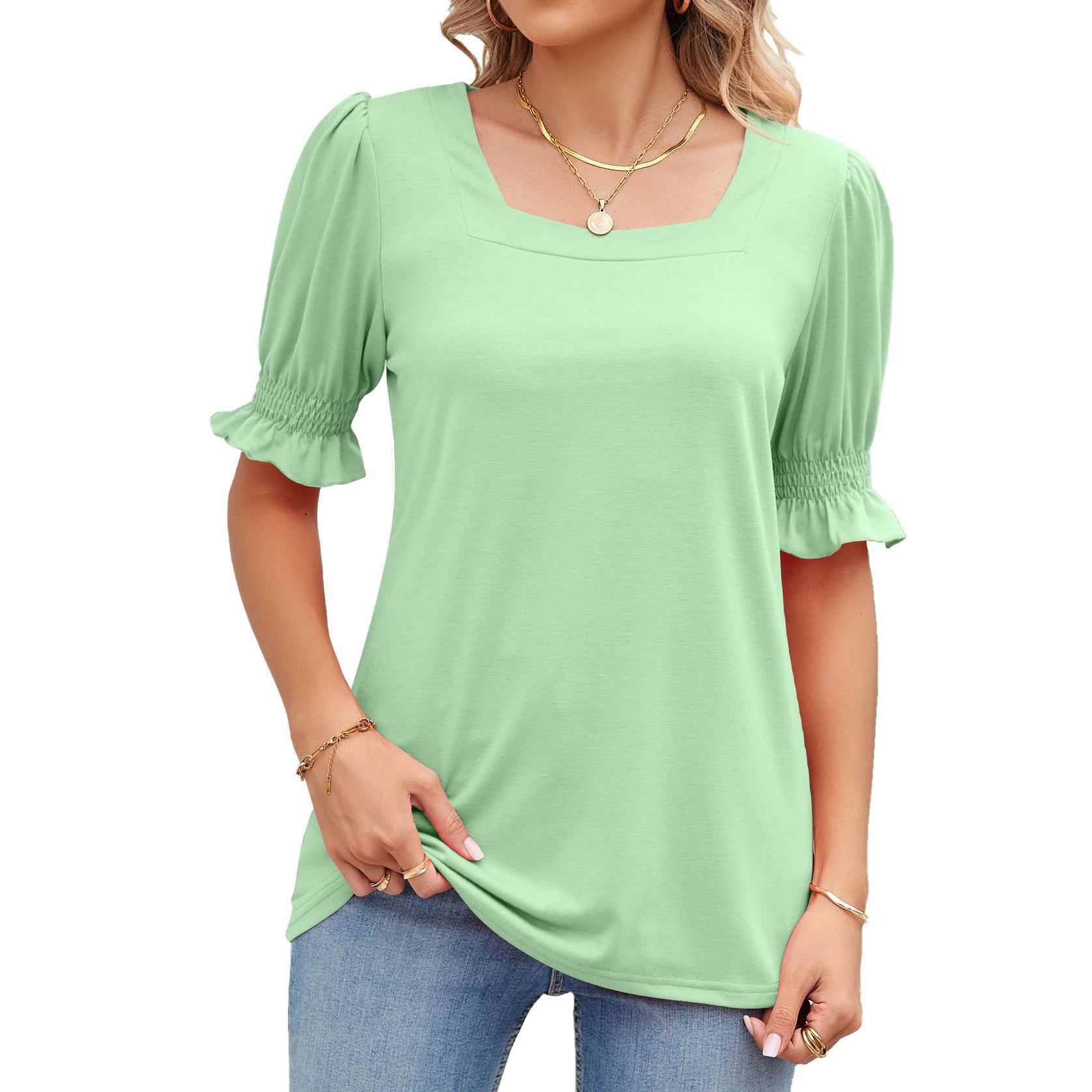 Solid color square neck princess sleeve short sleeve loose