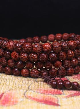 2026佛珠 赞比亚小叶紫檀莲花祥云 手工血檀雕刻108颗莲花珠长条