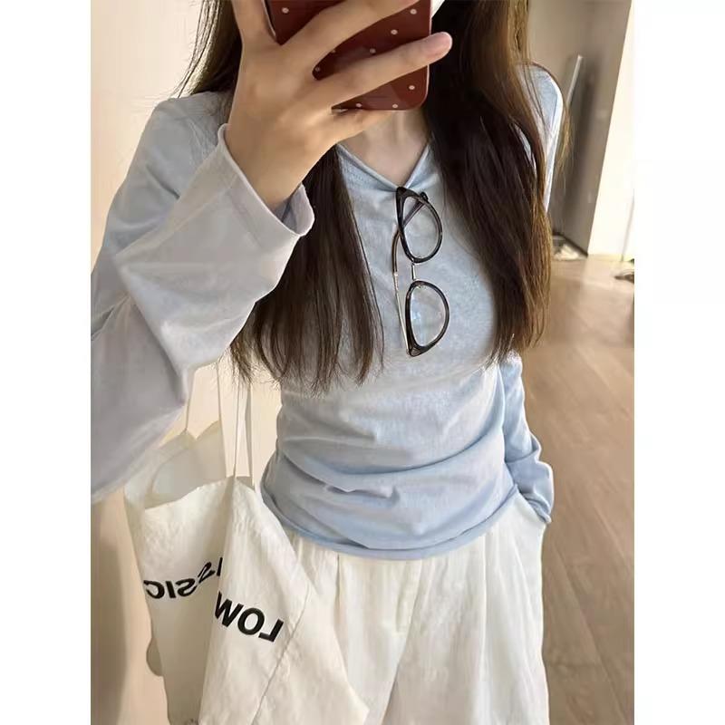 蓝色长袖T恤女2025夏季新款薄款防晒罩衫辣妹修身显瘦空调衫上衣