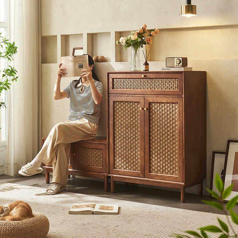 北欧实木鞋柜日式藤编储物柜鞋柜新款2026爆款家用门口收纳玄关柜,住宅家具,鞋柜,淘宝优惠券,粉丝福利购,淘宝优惠卷