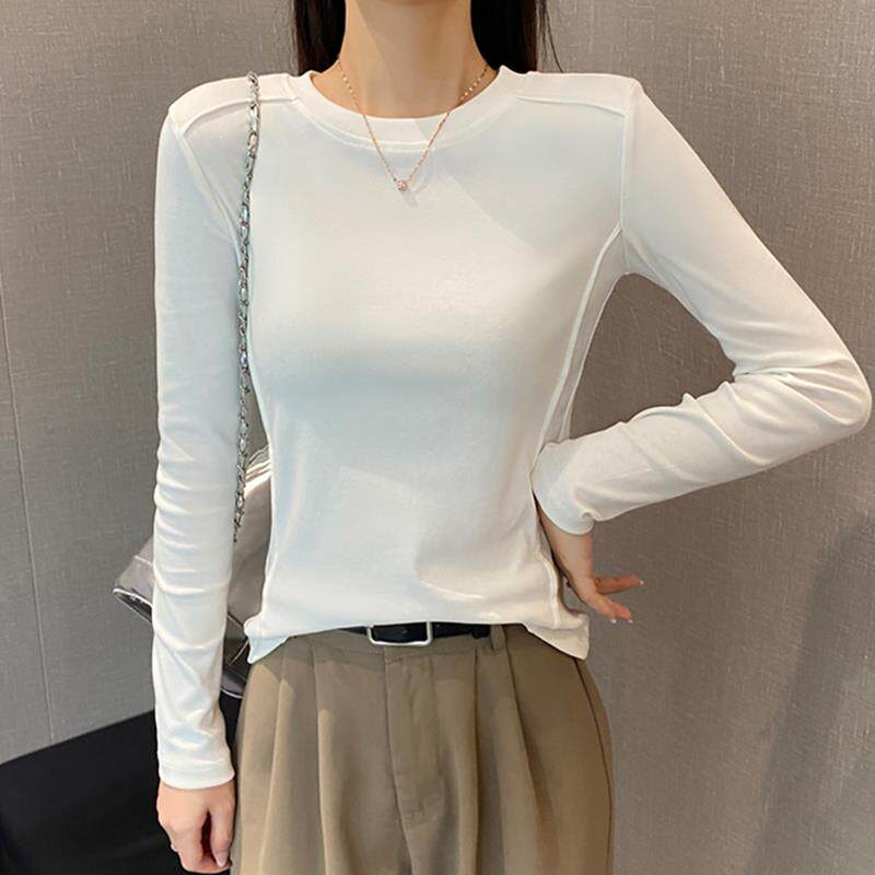 白色圆领长袖t恤女2025年春秋紧身设计感正肩打底衫内搭显瘦上衣