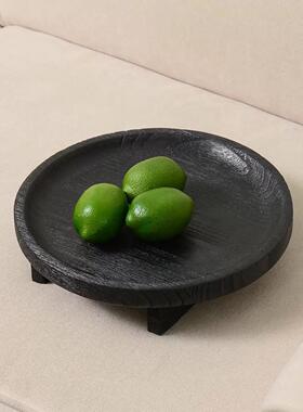 复古侘寂果盘家用客厅茶几柚木黑色圆形托盘实木小木盘木质烛台盘