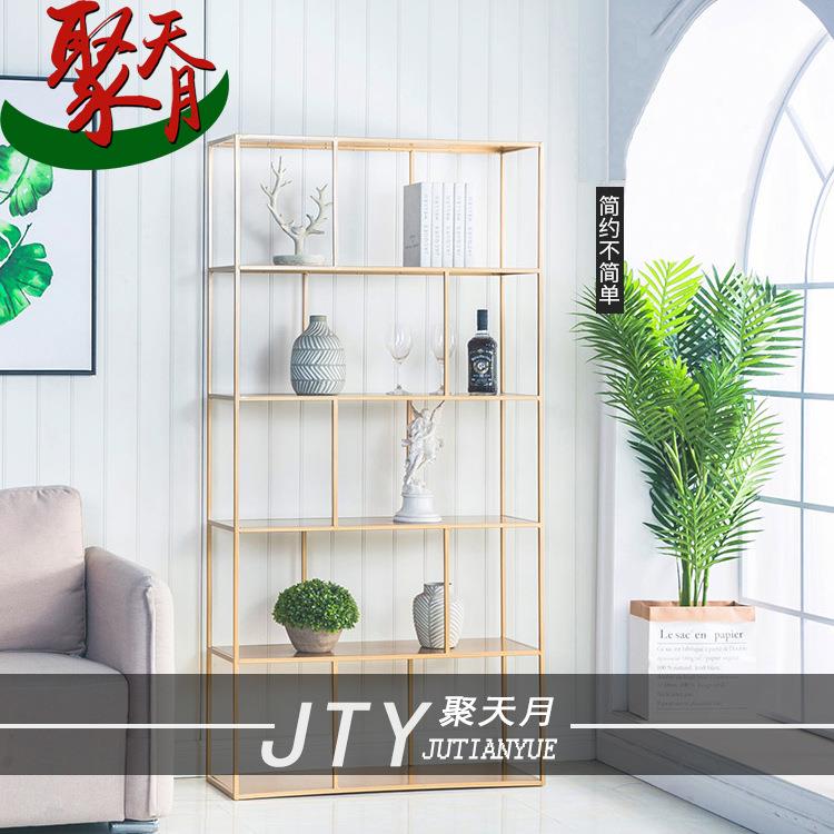 时尚简约铁艺书架靠墙落地隔断置物架现代金色背景装饰架