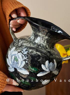 景德镇复古手绘陶瓷花瓶黑色双耳大容量家居装饰摆件水养鲜花插花