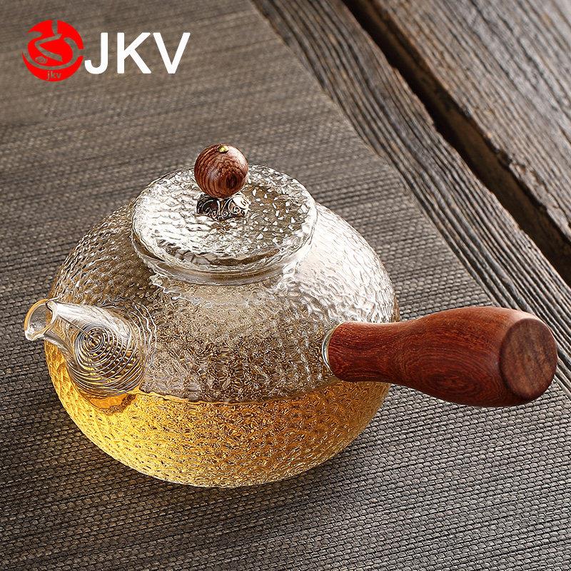 玻璃茶壶木柄锤纹侧把茶壶耐高温过滤家用泡茶壶套装电陶炉煮茶壶