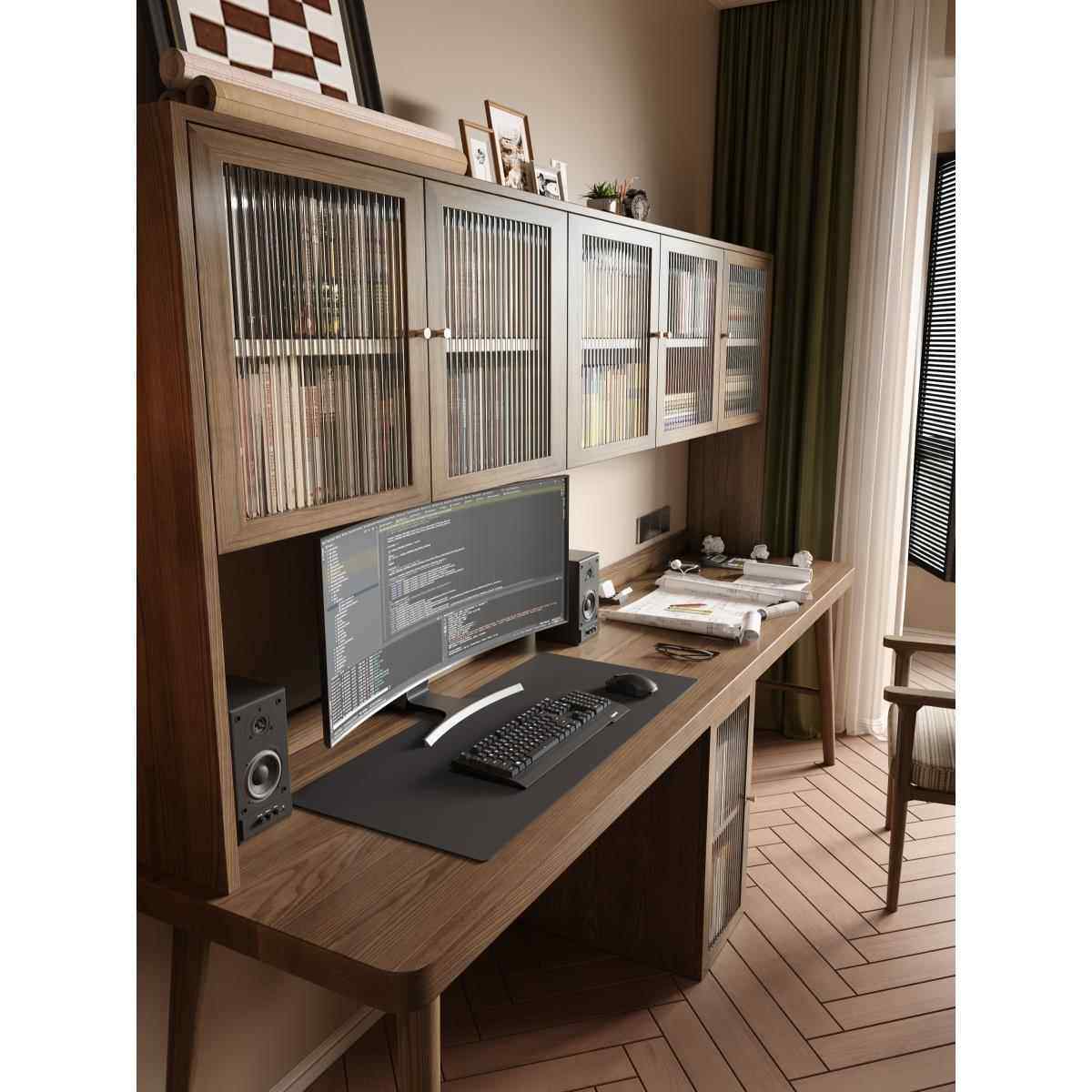 J*实木双人书桌书柜一体家用原木长条桌工作台书房靠墙办公电脑桌