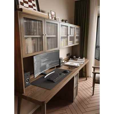 J*实木双人书桌书柜一体家用原木长条桌工作台书房靠墙办公电脑桌