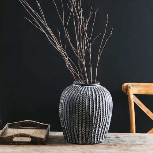 北欧复古花瓶镁泥盆黑白花盆绿植摆件客厅庭院阳台客厅落地大花盆