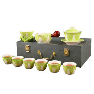 创意高档百财浮雕白菜功夫茶具套装 家用商务公司礼品伴手礼随手礼