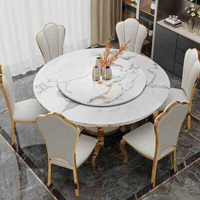 北欧大理餐桌后现代石奢简约小户轻000711型不锈钢镀金圆形餐组桌