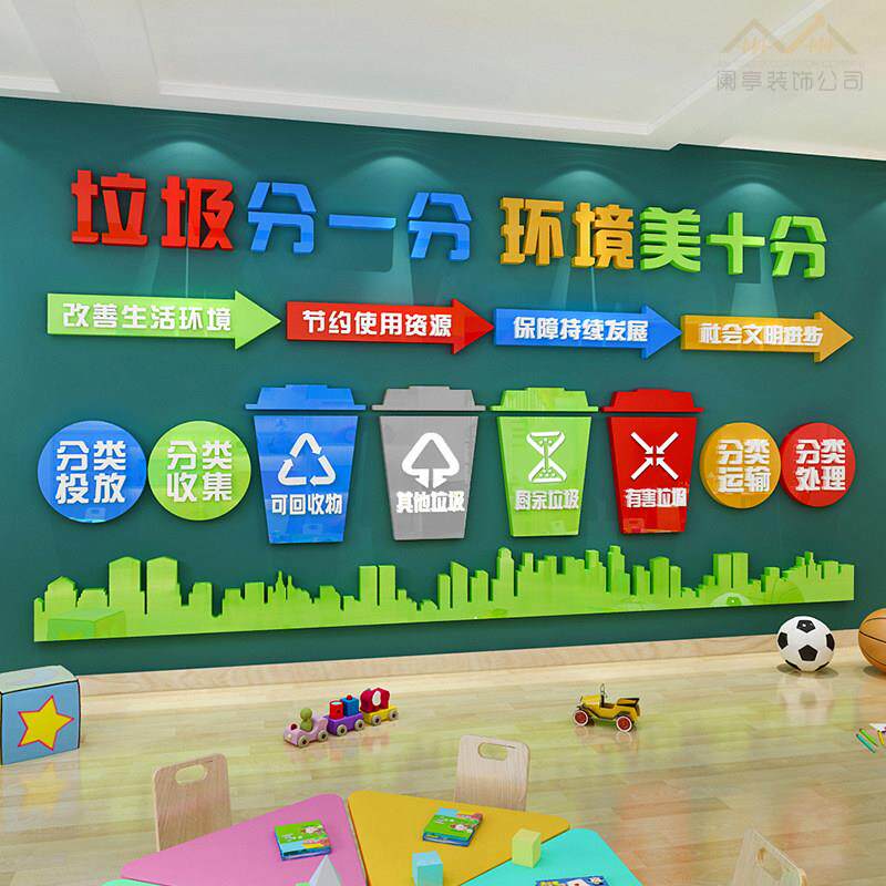 幼儿园环创主题墙贴垃圾分类贴纸亚克力3d立体教室文化墙装饰自粘