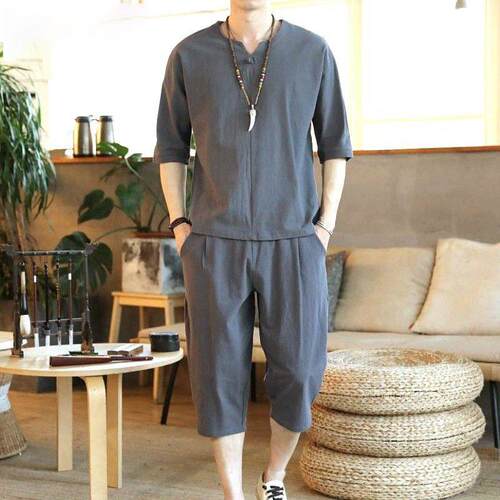 Men's linen suit, plus size seven quarter pants, Tang