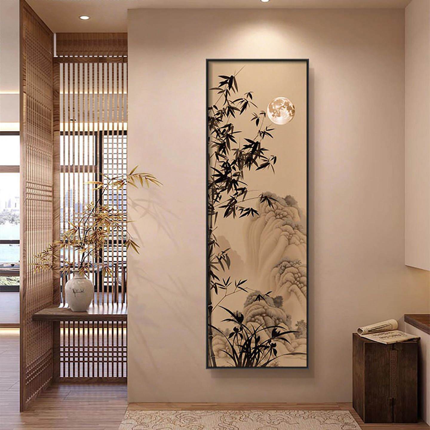 宋代美学竹月玄关装饰画客厅入户背景墙壁画走廊过道对门风景挂画