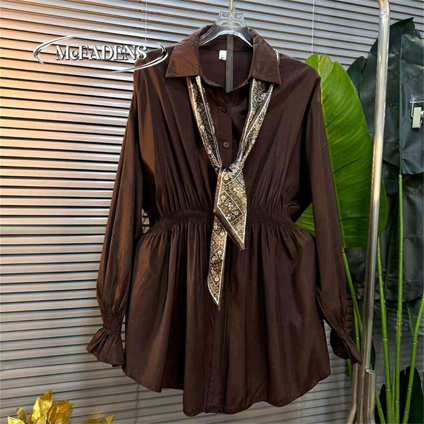 香港时尚气质衬衫胖妹妹大码女装春季新款丝巾搭配收腰翻领上衣女