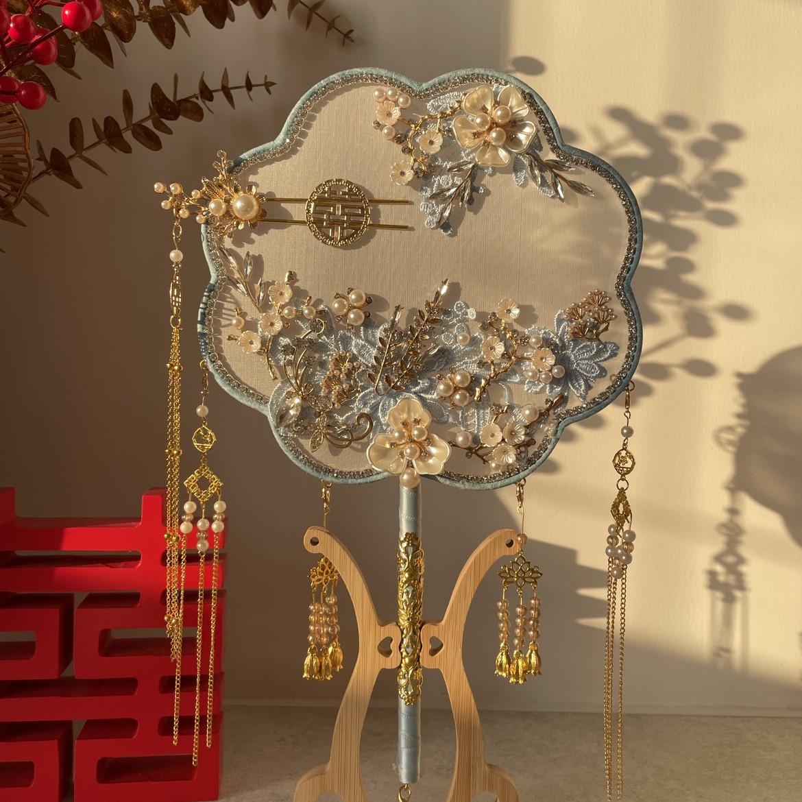 BG54批发新娘秀禾中式婚礼团扇香槟色双面成品结婚喜扇手工diy材