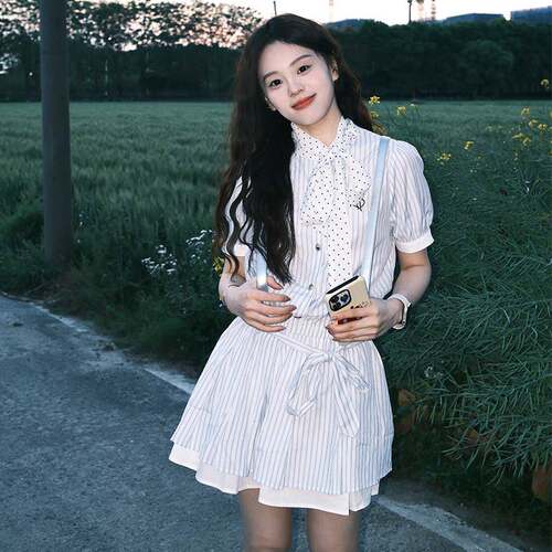 NEOTCG春夏季天丝波点条纹短袖衬衫洋装短裙子MIU系2025新款女