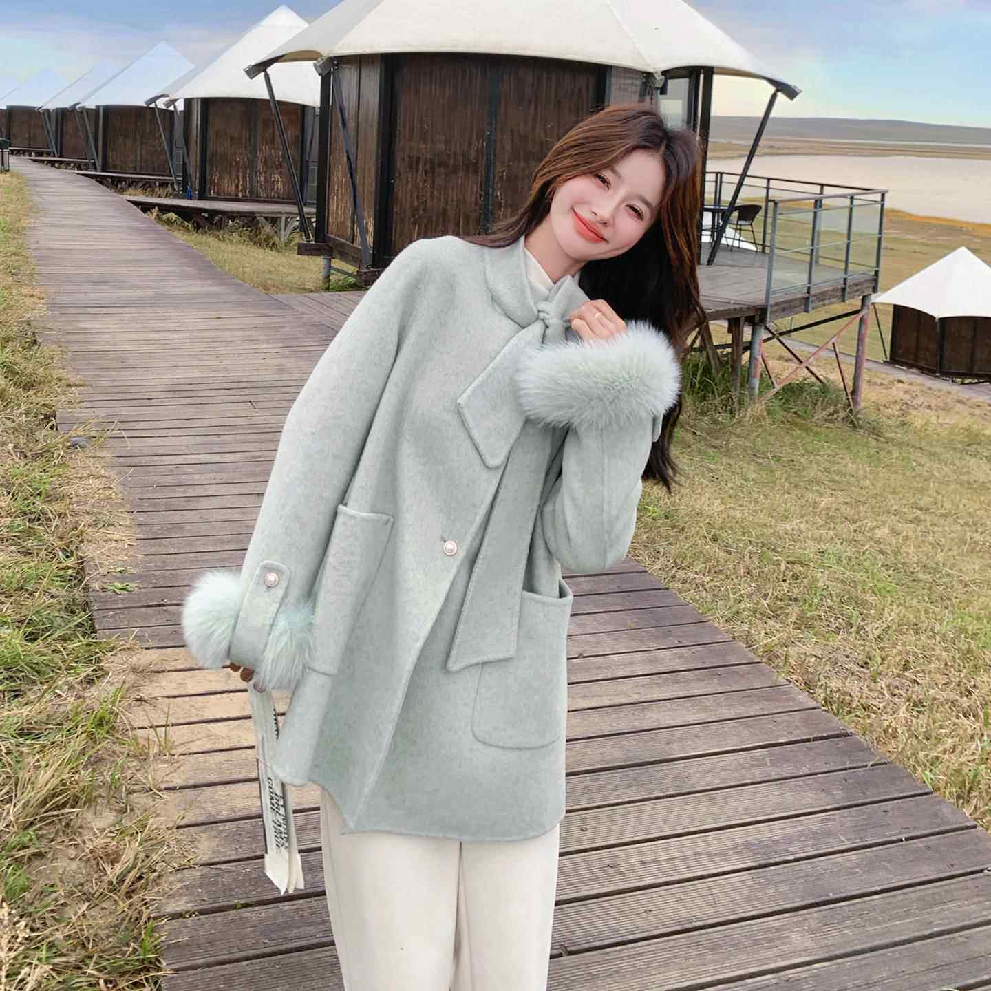 学院风绒拼毛接双面呢呢羊毛大女秋冬季新款C079-455衣时尚减龄毛