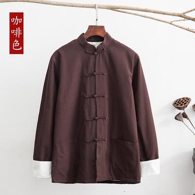 新款中国秋纯棉男士装长袖外套中式服装唐春老粗布汉风服男长衫居