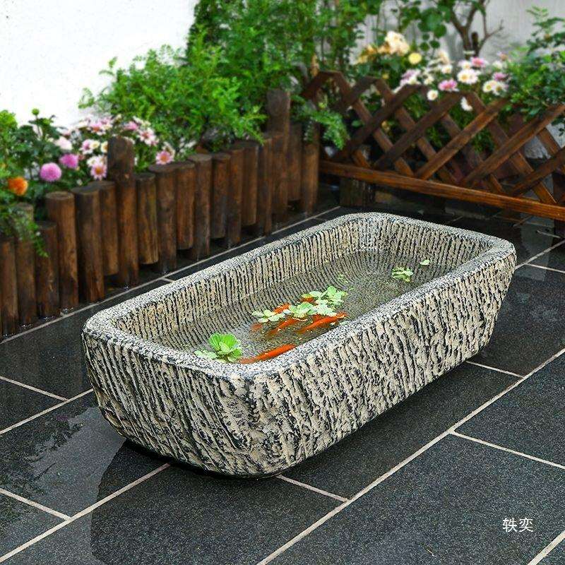 复古貔貅流水循环大鱼缸 树脂石槽长方形庭院落地装饰大鱼池摆件