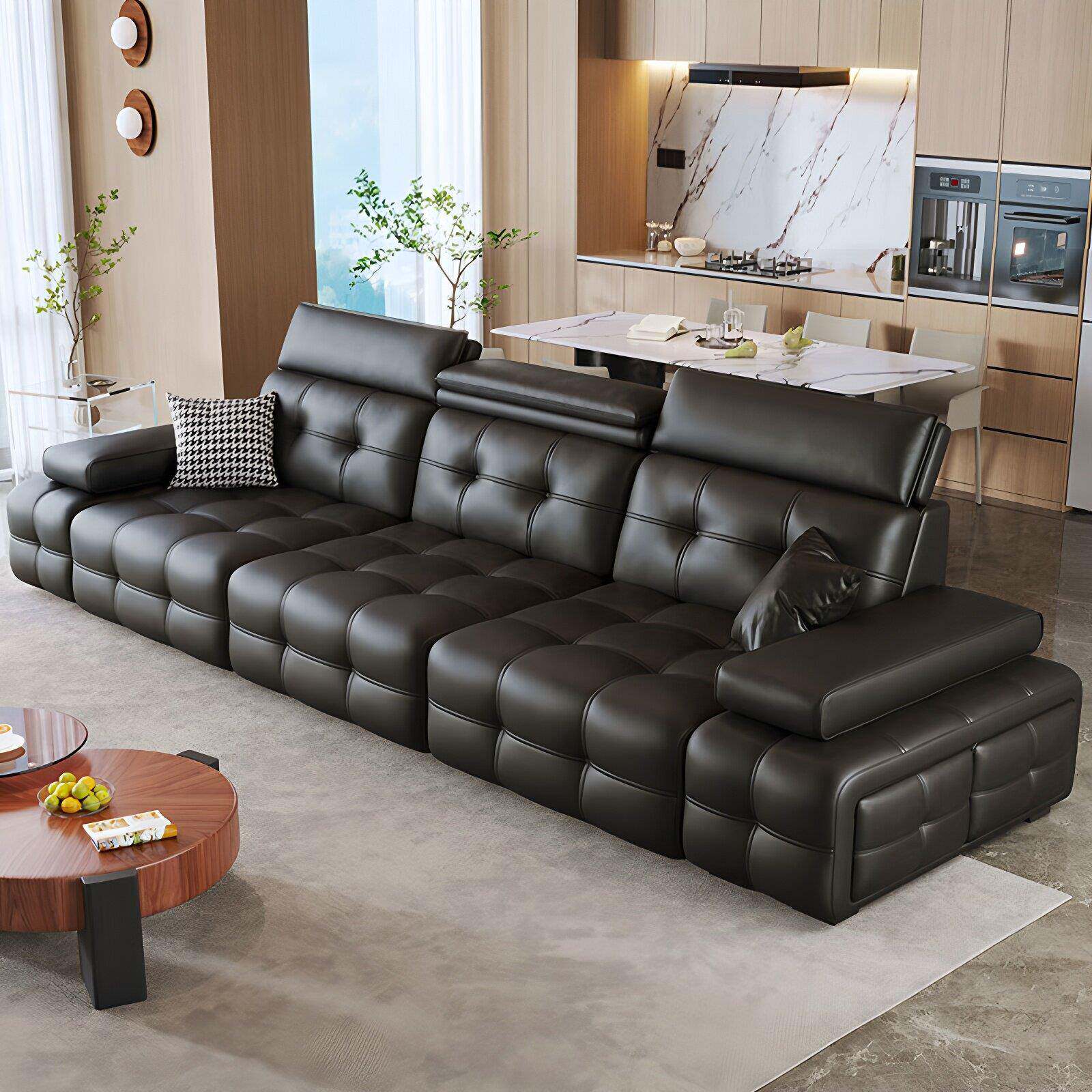 劳伦斯电动真皮沙发头层牛皮黑色可调节多功能伸缩两用直排沙发床