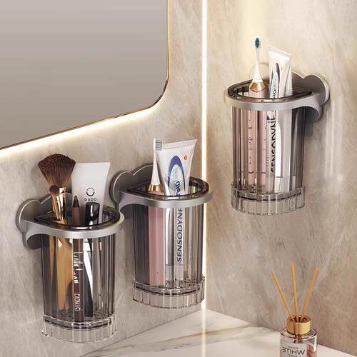 Wall-mounted toothbrush holder and storage cup, no drilling