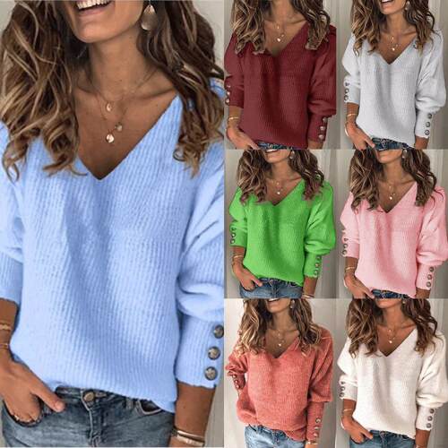 Women's Loose-Fitting V-Neck Knit Top, Pure Color Casual