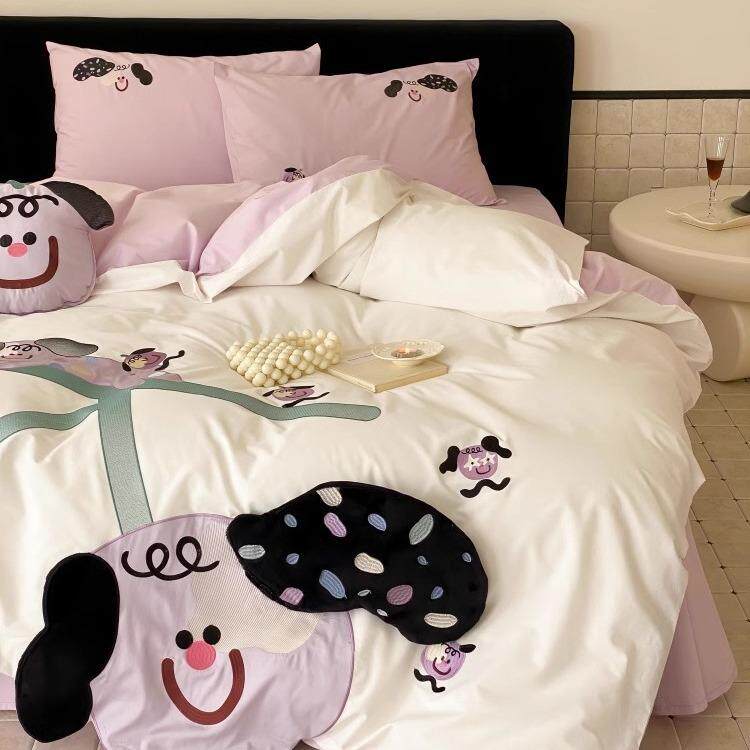 可爱樱桃狗纯棉水洗棉四件套全棉卡通被套床上用品儿童床单公主风