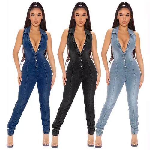 Girl's sleeveless open chest wash denim jumpsuit source