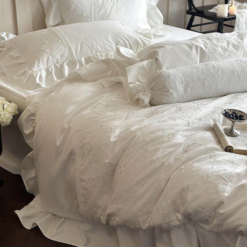 立体蝴蝶绣花全棉四件套100S长绒棉贡缎紫白色少女心纯棉床品浪漫