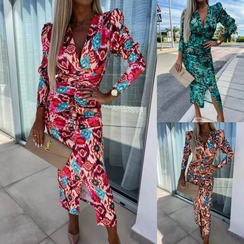 Long sleeved slit neck high waist slimming printed medium