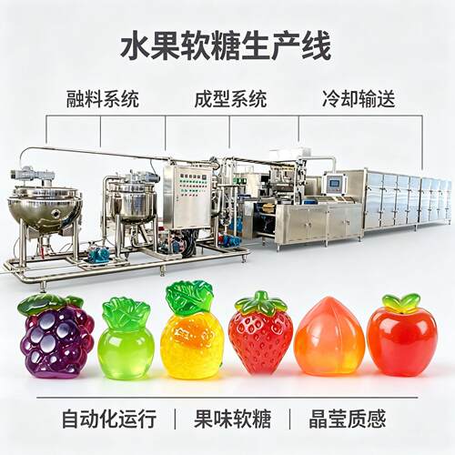水果软糖生产线熬糖化胶系统伺服浇注冷却脱模烘干包装整套设备供