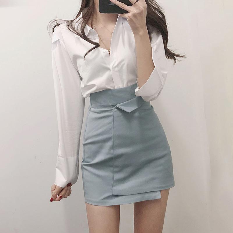 两件套半身裙女白色衬衫