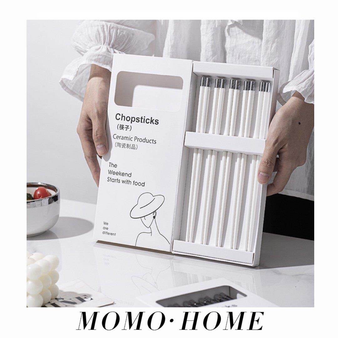 MOMO 陶瓷筷子轻奢防霉合金银头黑白简约家庭装瓷筷骨瓷