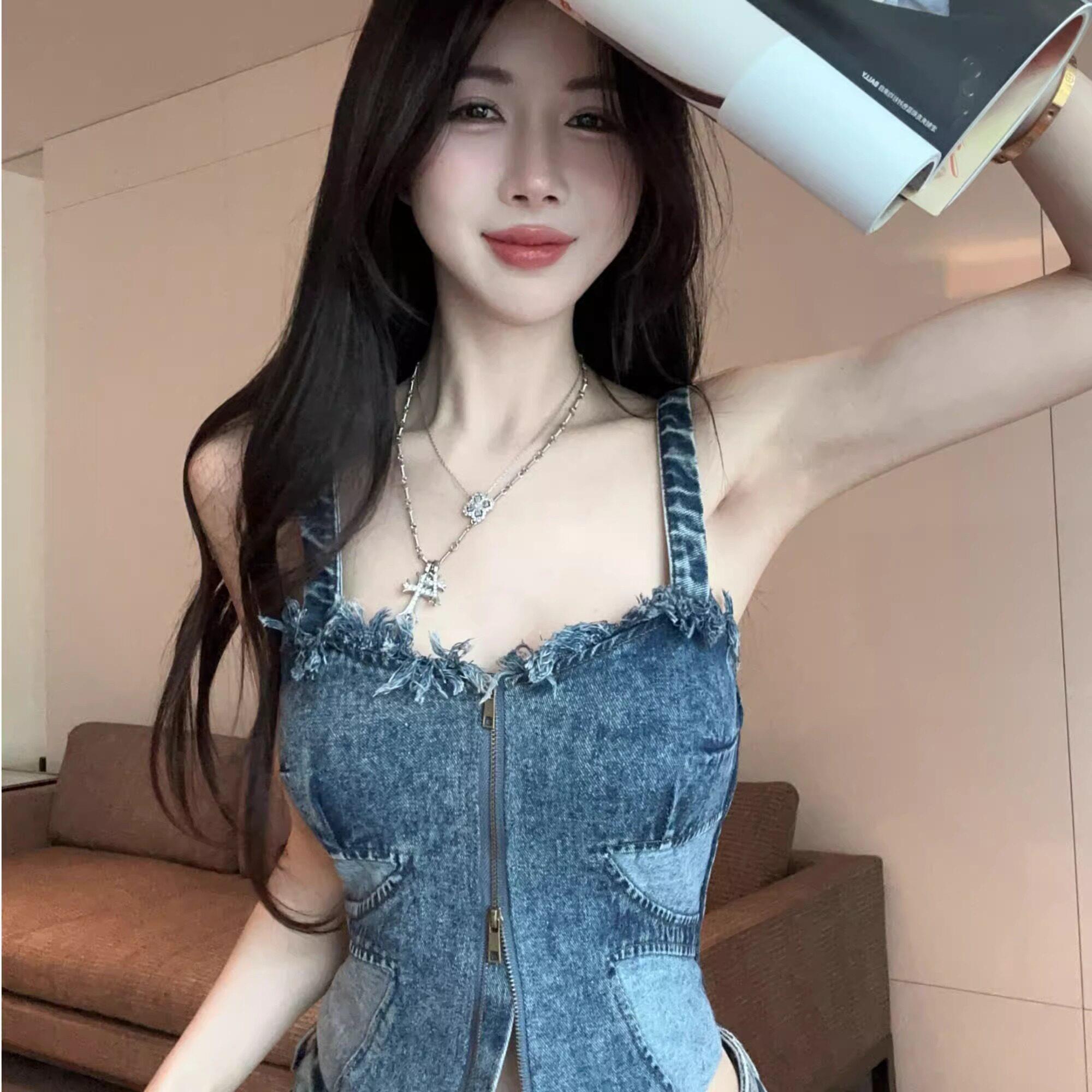 美式毛边牛仔吊带背心女外穿夏泰式辣妹一字肩抹胸小上衣独特绝美