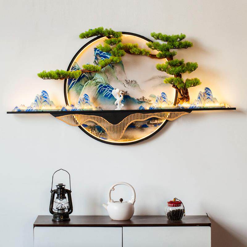 中式玄关圆形装饰画客厅墙壁带灯迎客松挂画办公室茶室背景墙壁画