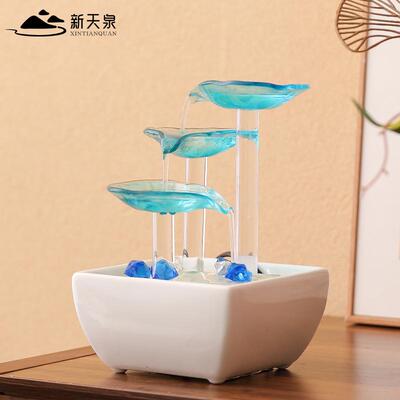 创意循水环招财摆件美家璃居玻流水喷泉面荷叶加湿PTP器高级送礼