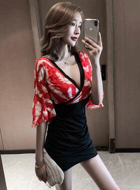 性感低胸V领桑拿工作服 韩版夏季短袖连衣裙 公主连衣裙 聚酯纤维