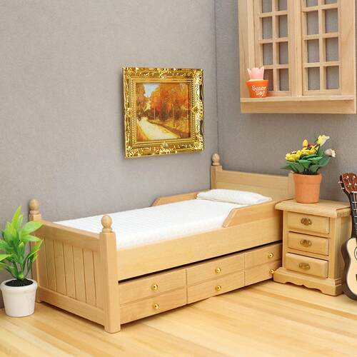 1：12迷你娃娃屋摆件dollhouse家具OB11床仿真木床带抽屉微缩床