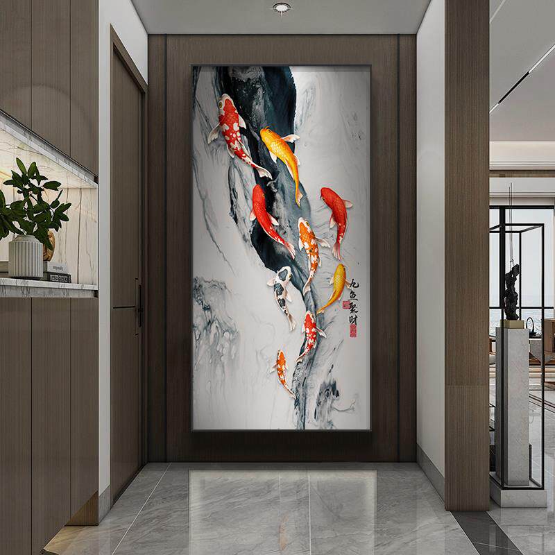 九鱼图玄关装饰画新中式入户进门走廊过道竖版挂画中国风水墨壁画