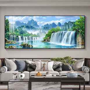 流水财富挂画现代极简主义客厅沙发背景墙装饰画横版高山流水山水