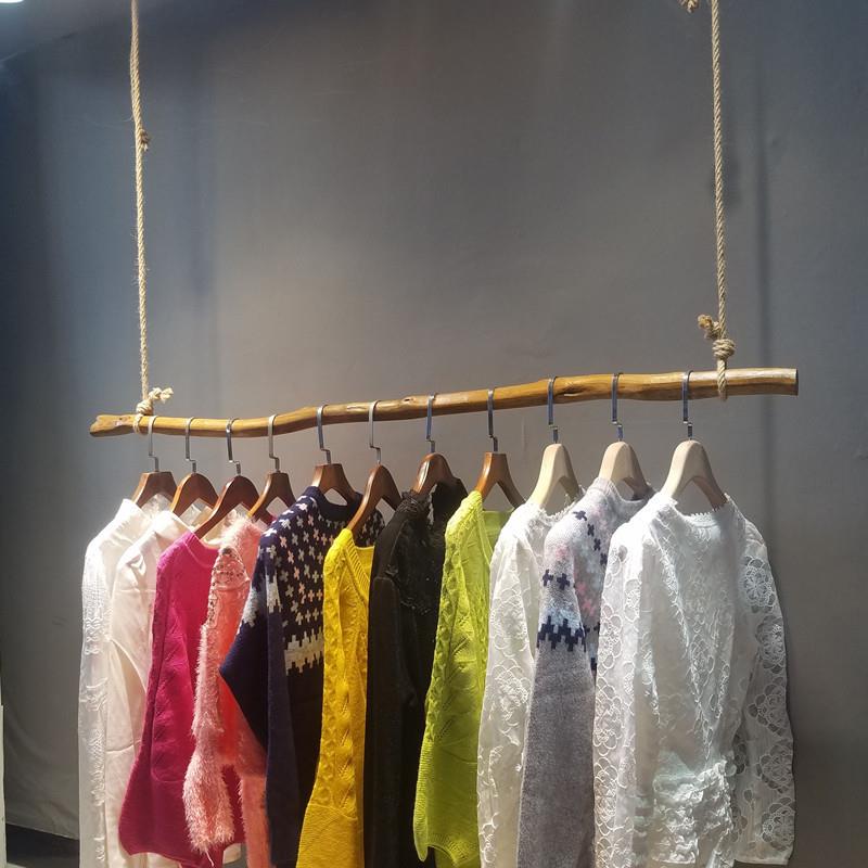 服装店吊环展示架上墙服装架树枝侧挂橱窗复古麻绳木棍衣架吊架