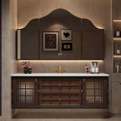高端法式复古浴室柜组合中古风橡木卫生间岩板洗脸洗漱台洗手脸盆