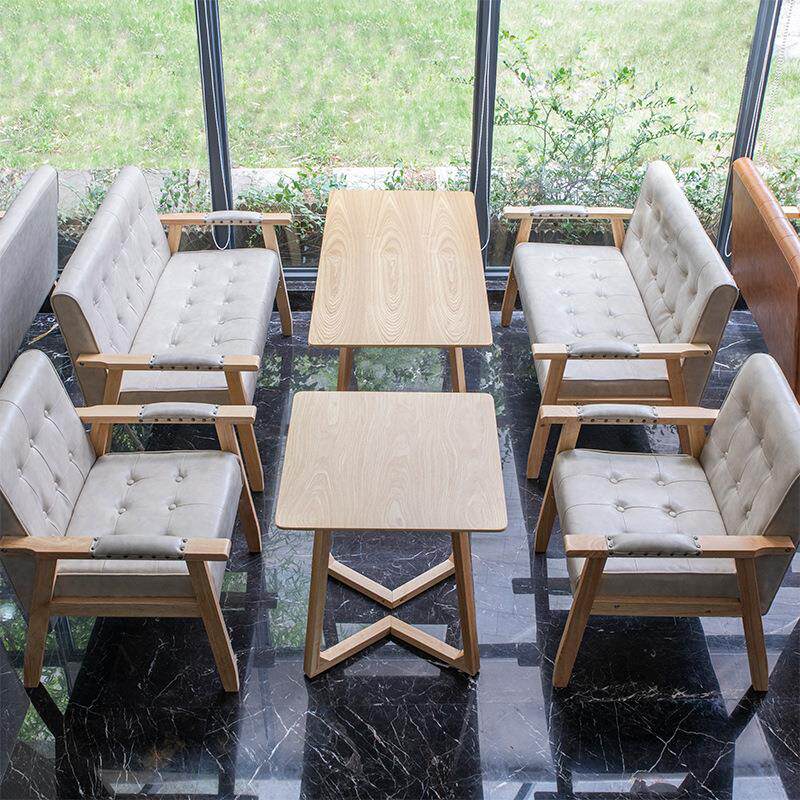 奶茶店桌椅组合酒吧咖啡餐厅清吧办公双三人位卡座甜品实木皮沙发