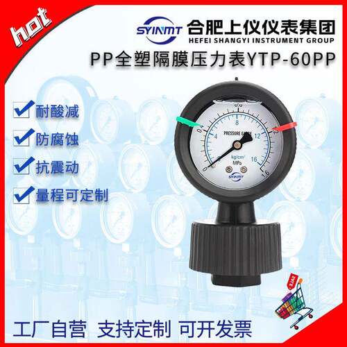 上仪仪表集团YTP60PP隔膜压力表耐酸碱防腐PCB环保处理耐震压力表